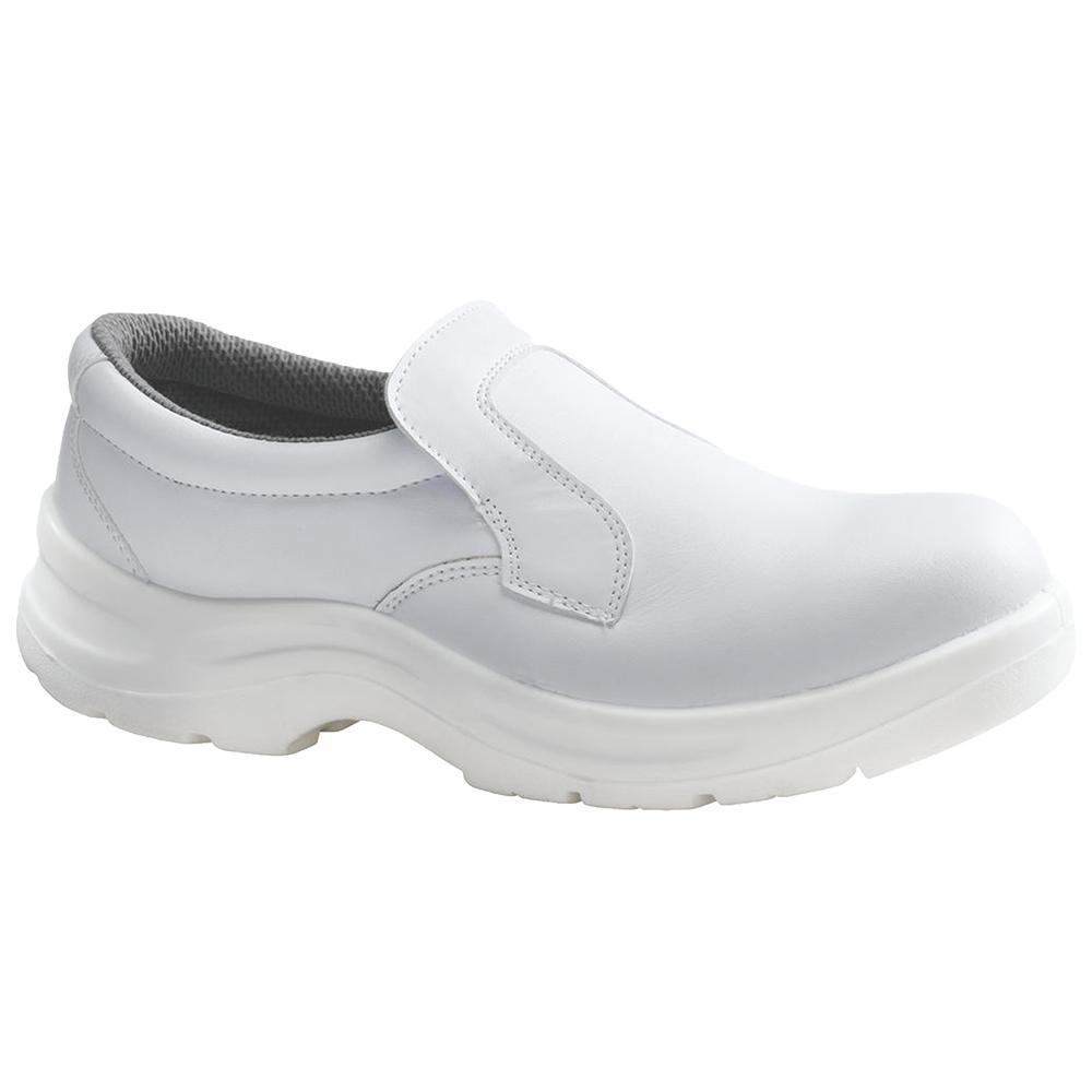 Mocassino antinfortunistico Garsport Sahara S2 bianco u2013 Profilo Vista laterale del mocassino antinfortunistico bianco Garsport Sahara S2 per cucina con tomaia in microfibra resistente all'acqua
