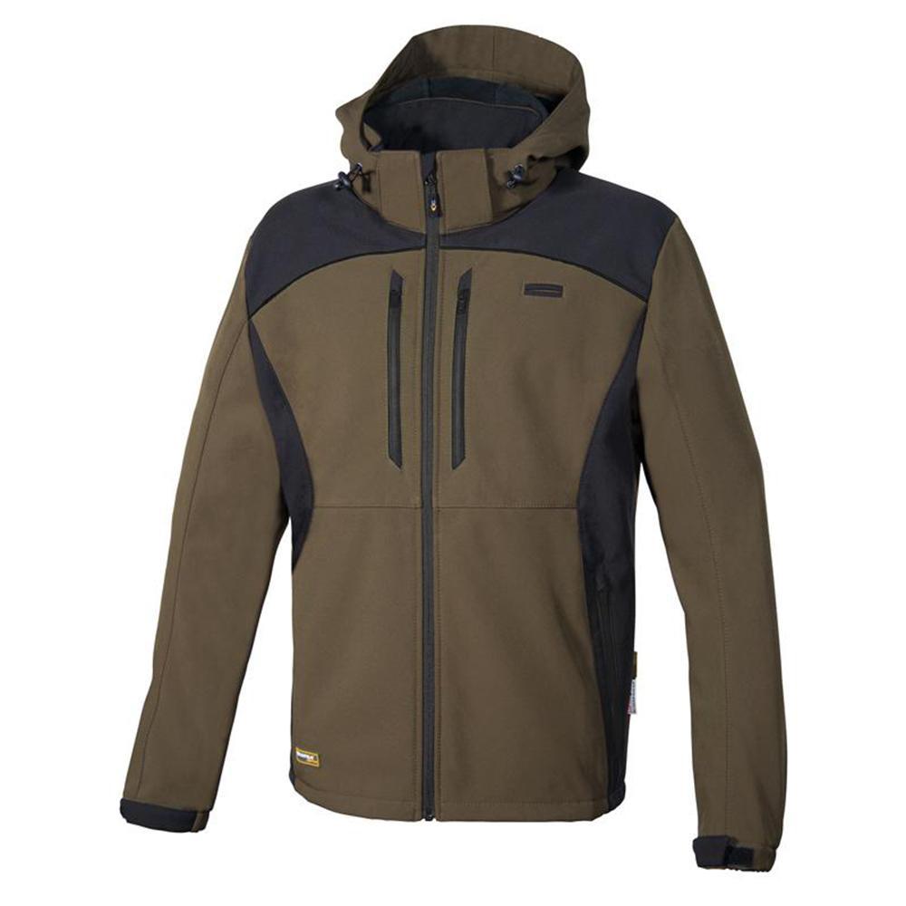 Giacca Cofra Klarbo V552 Fango-Nero indossata da cacciatore, mostrando il design bicolore resistente allu2019acqua.