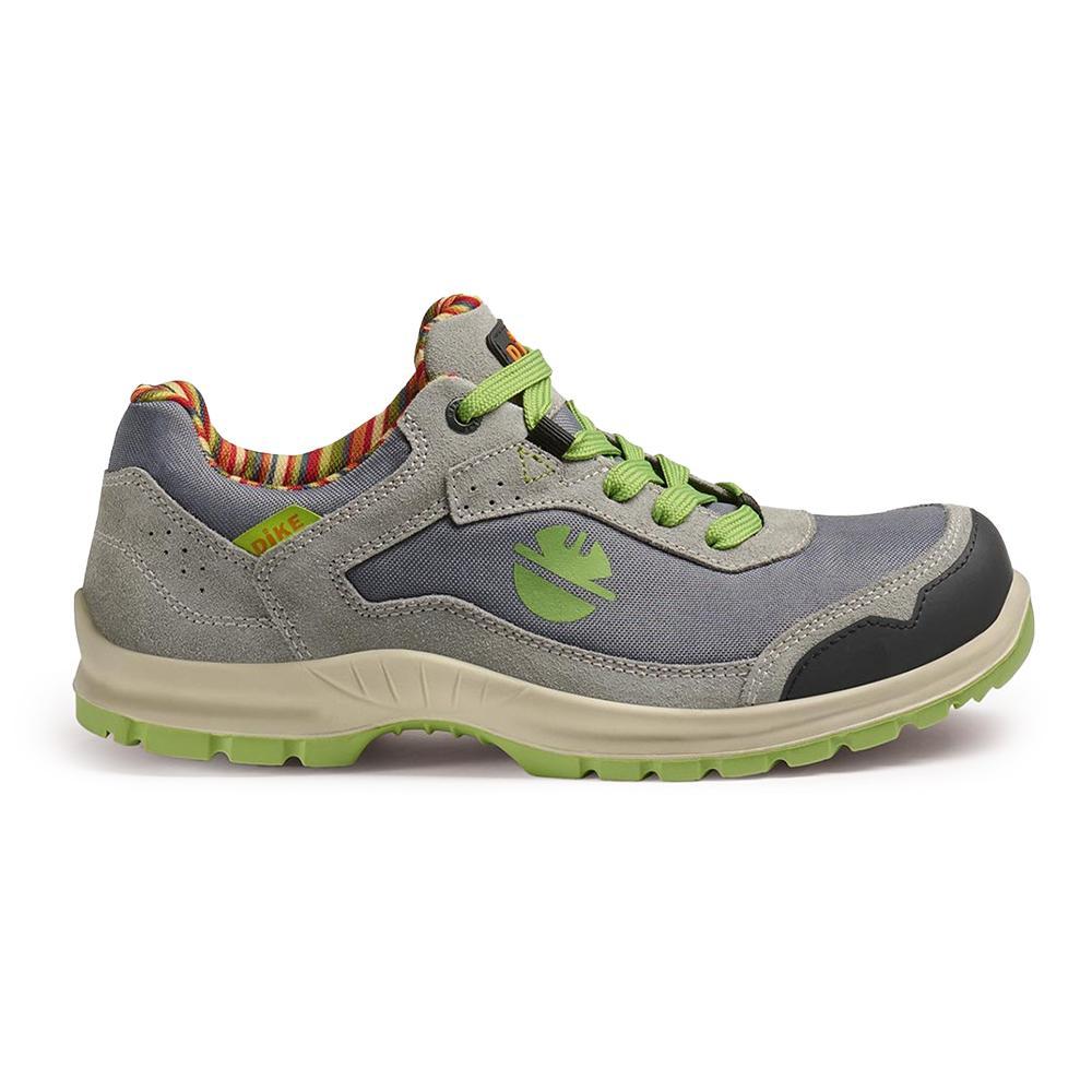 Dike Awake S1PL SR FO Grigio Scarpa Antinfortunistica Profilo Vista laterale della scarpa antinfortunistica Dike Awake S1PL grigia con tomaia in tessuto riciclato GRS e vitello scamosciato.