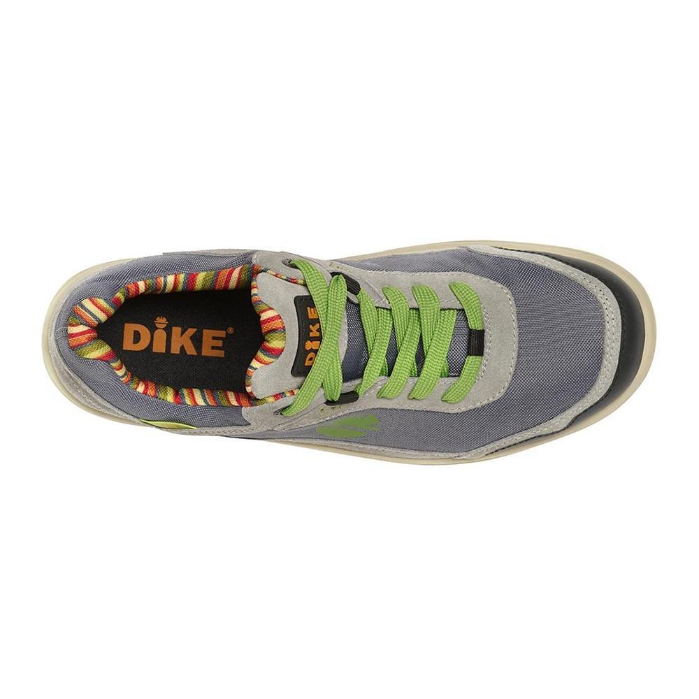 Dike Awake S1PL Grigio Vista Superiore Vista dall'alto della scarpa antinfortunistica Dike Awake S1PL grigia con tomaia in tessuto e pelle scamosciata e dettaglio dell'allacciatura.
