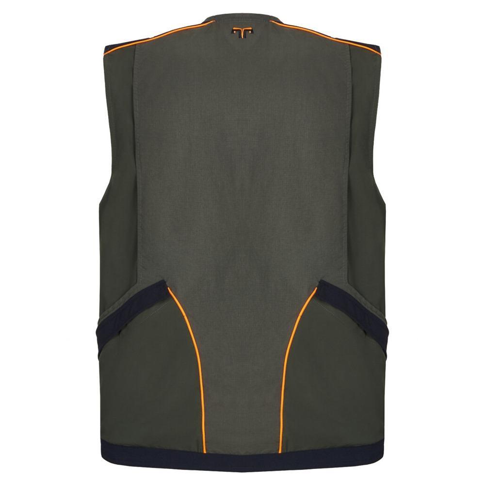 Dettaglio delle tasche del Gilet da caccia Zotta Forest Flaming verde e arancio, perfette per accessori e attrezzi da caccia.
